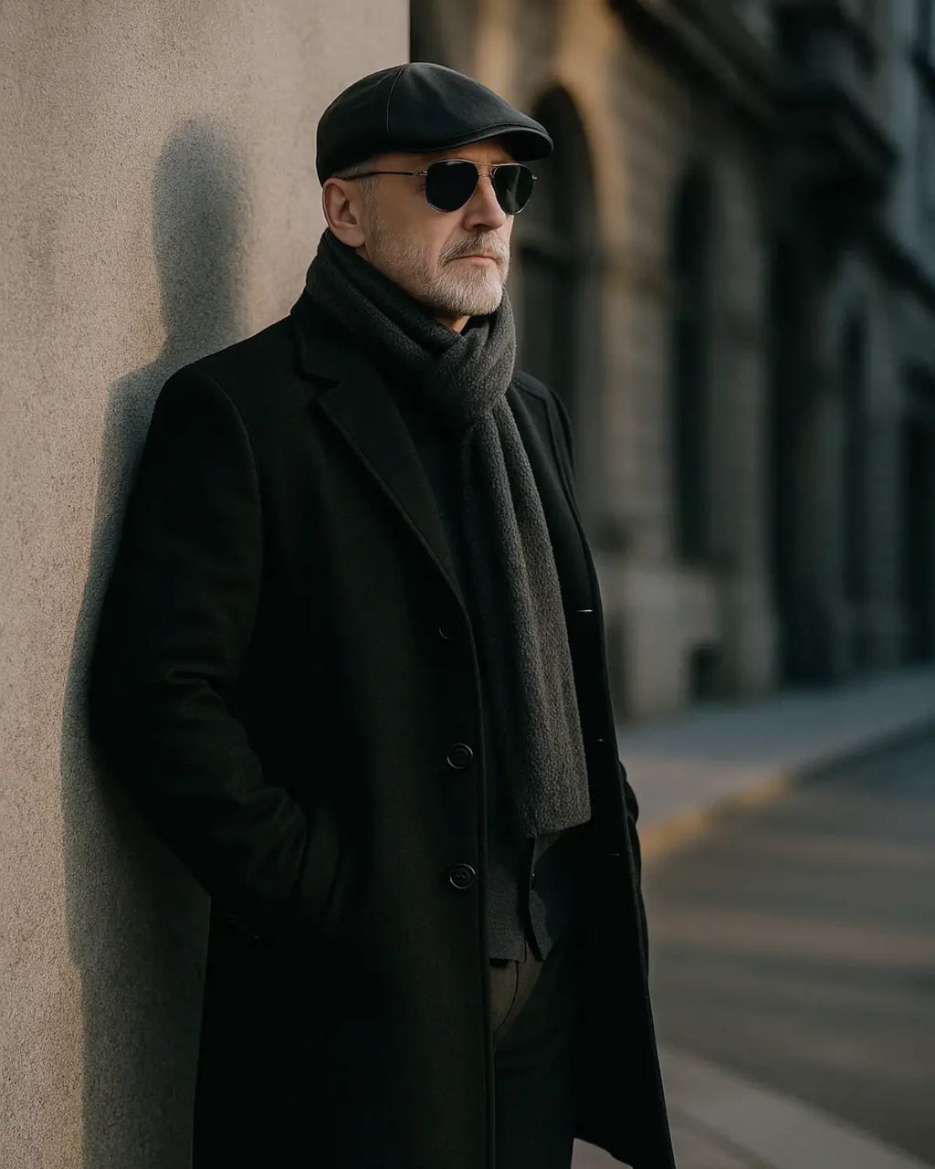 Homem maduro com boina de couro preta em look europeu clássico e casaco preto elegante
