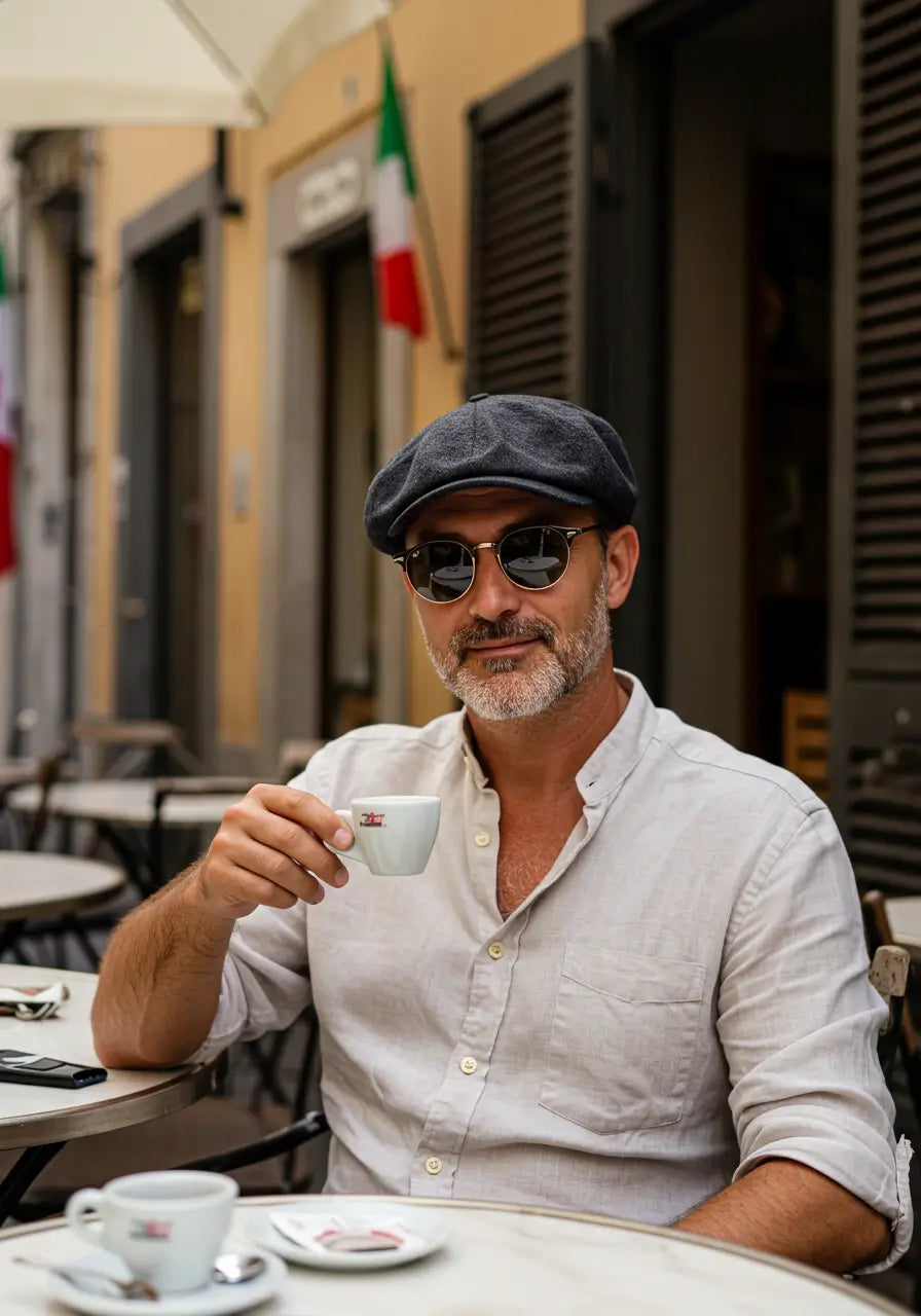 Homem usando boina italiana masculina grafite em cafeteria ao ar livre, com bandeira italiana ao fundo