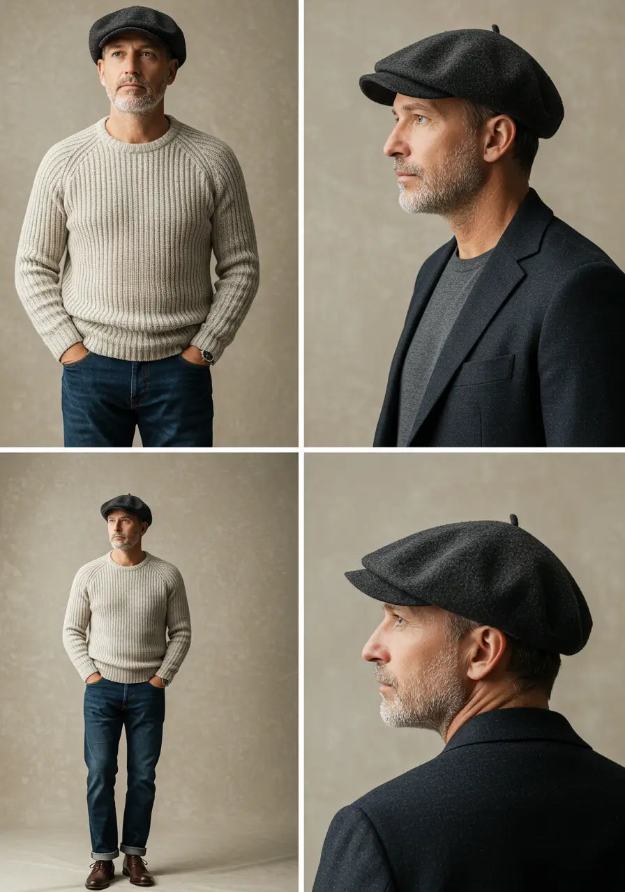 Homem elegante usando boina italiana masculina grafite, com closes dos detalhes e costura do produto