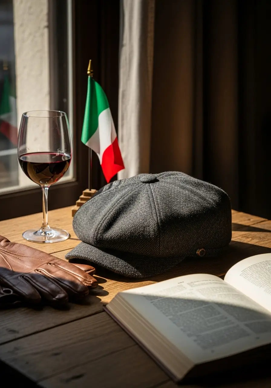 Boina italiana masculina em lã premium sobre mesa de madeira com vinho, luvas de couro e bandeira da Itália — fotografia editorial Cappel representando tradição e elegância.