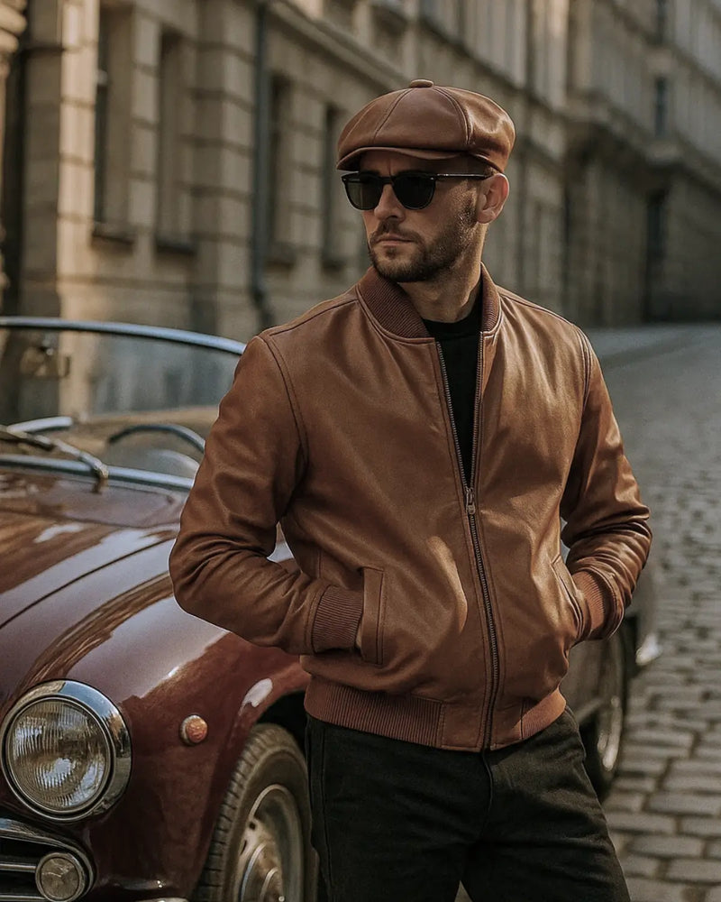 Homem com boina italiana de couro marrom, jaqueta de couro e óculos escuros encostado em carro clássico em rua de paralelepípedos