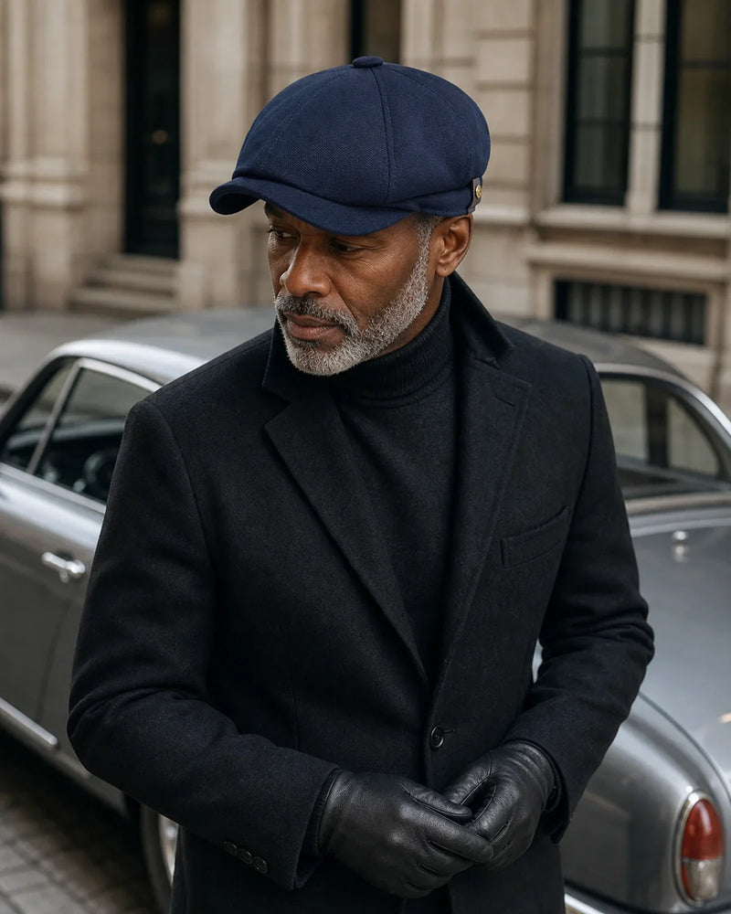 Boina Italiana Masculina Poliéster Azul Marinho – Elegância Atemporal Cappel em look masculino com carro clássico