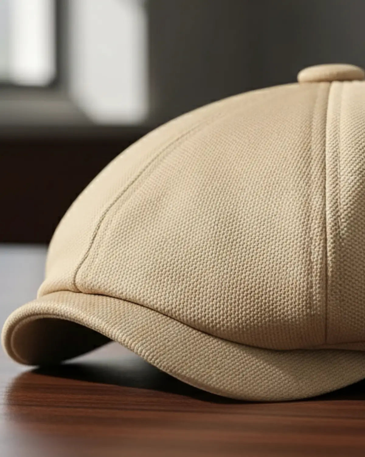 Close da boina italiana masculina bege em poliéster sobre mesa de madeira, destaque na costura e textura do material premium