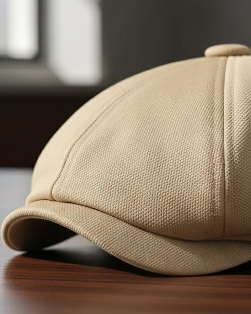 Close da boina italiana masculina bege em poliéster sobre mesa de madeira, destaque na costura e textura do material premium