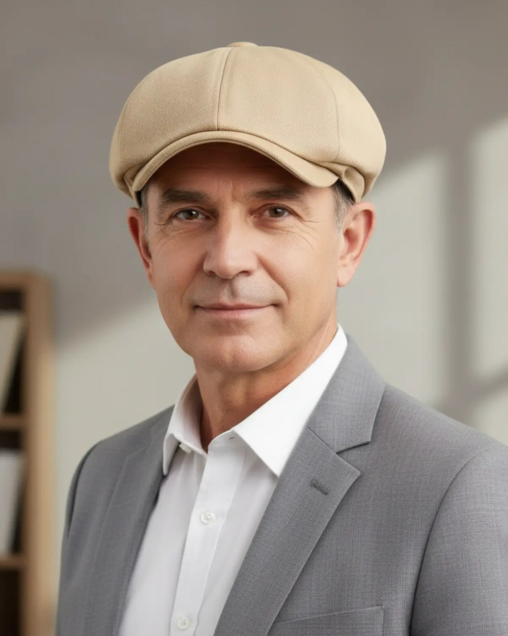 Retrato frontal de homem com boina italiana bege poliéster, blazer cinza claro, estilo masculino sofisticado para primavera e verão