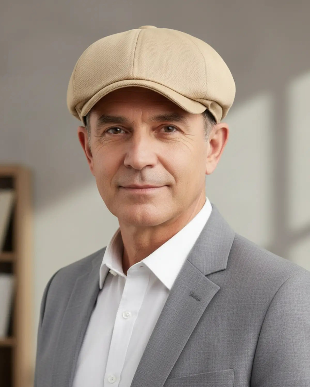 Retrato frontal de homem com boina italiana bege poliéster, blazer cinza claro, estilo masculino sofisticado para primavera e verão