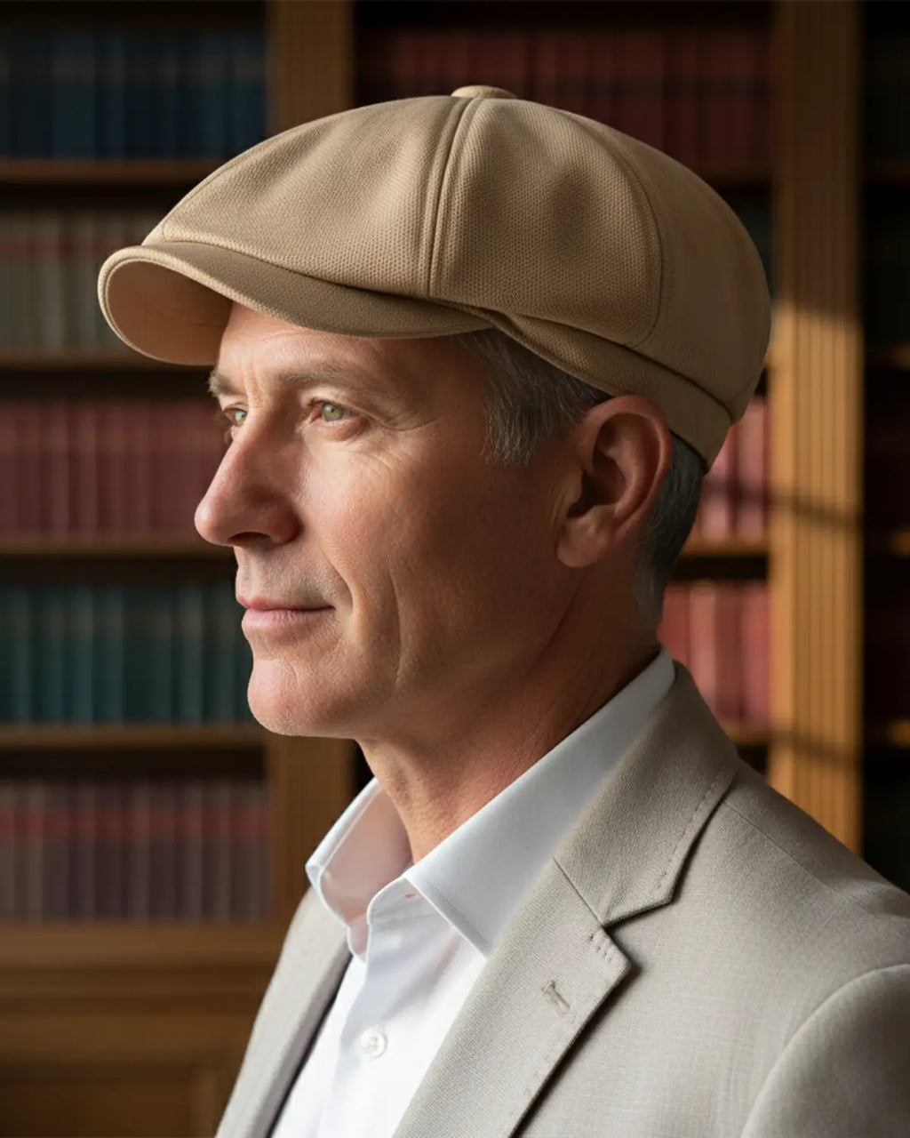 Homem maduro usando boina italiana bege de poliéster, perfil destacado para estilo casual, ambiente com estante de livros ao fundo