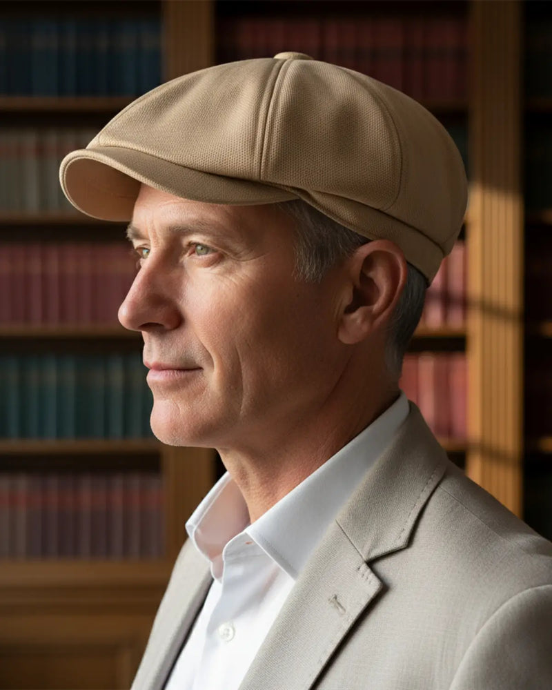 Homem maduro usando boina italiana bege de poliéster, perfil destacado para estilo casual, ambiente com estante de livros ao fundo