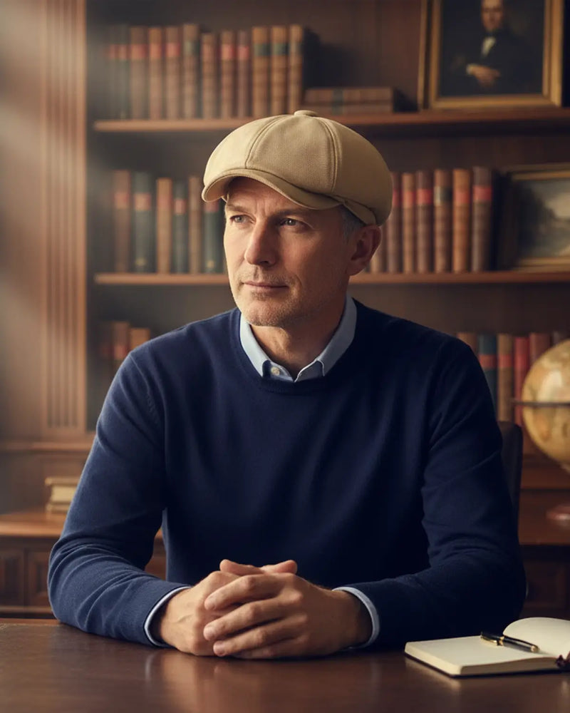 Homem maduro vestindo boina italiana bege de poliéster, sentado em biblioteca clássica, estilo casual premium masculino