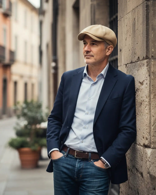 Homem com boina italiana bege de poliéster, blazer azul e camisa clara, em passeio urbano por rua histórica elegante