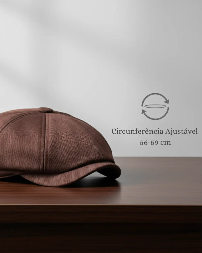 Boina italiana marrom poliéster premium sobre mesa, destaque para circunferência ajustável de 56 a 59 cm, acessório versátil masculino