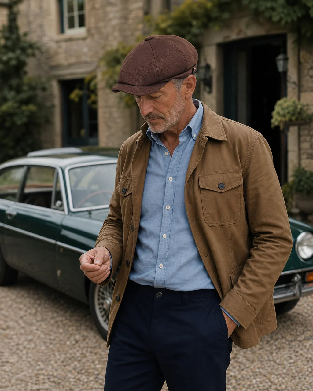 Boina Italiana Masculina Poliéster Marrom – Clássica & Atemporal Cappel em look masculino com carro clássico