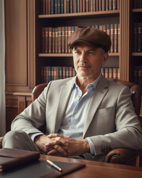 Homem maduro, elegante, vestindo boina italiana marrom de poliéster em biblioteca clássica, estilo sofisticado e atemporal