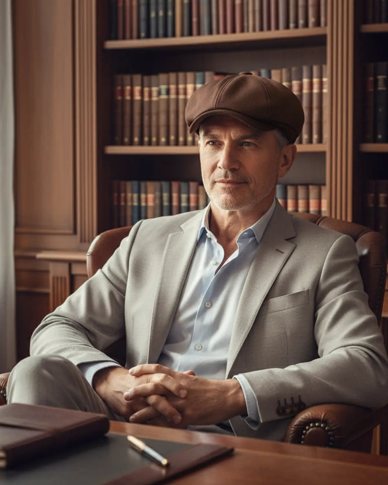 Homem maduro, elegante, vestindo boina italiana marrom de poliéster em biblioteca clássica, estilo sofisticado e atemporal
