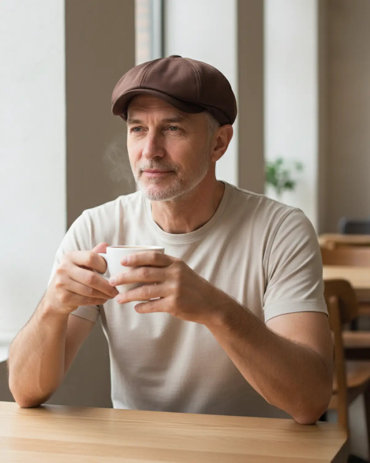 Homem maduro com boina italiana marrom de poliéster e camiseta bege, relaxando em café claro e moderno, casualidade sofisticada