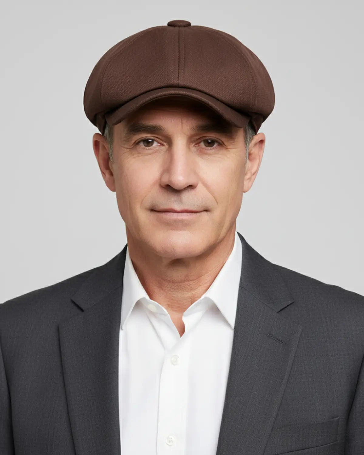 Retrato frontal de homem maduro usando boina italiana marrom de poliéster, blazer escuro e camisa clara, estilo clássico masculino