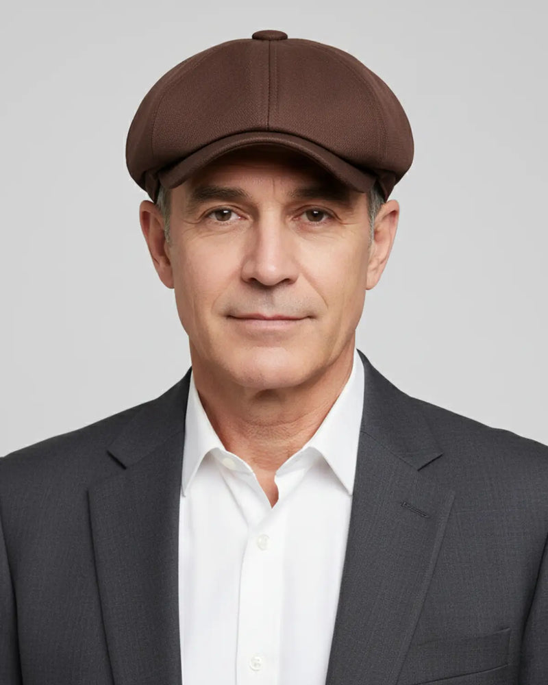 Retrato frontal de homem maduro usando boina italiana marrom de poliéster, blazer escuro e camisa clara, estilo clássico masculino