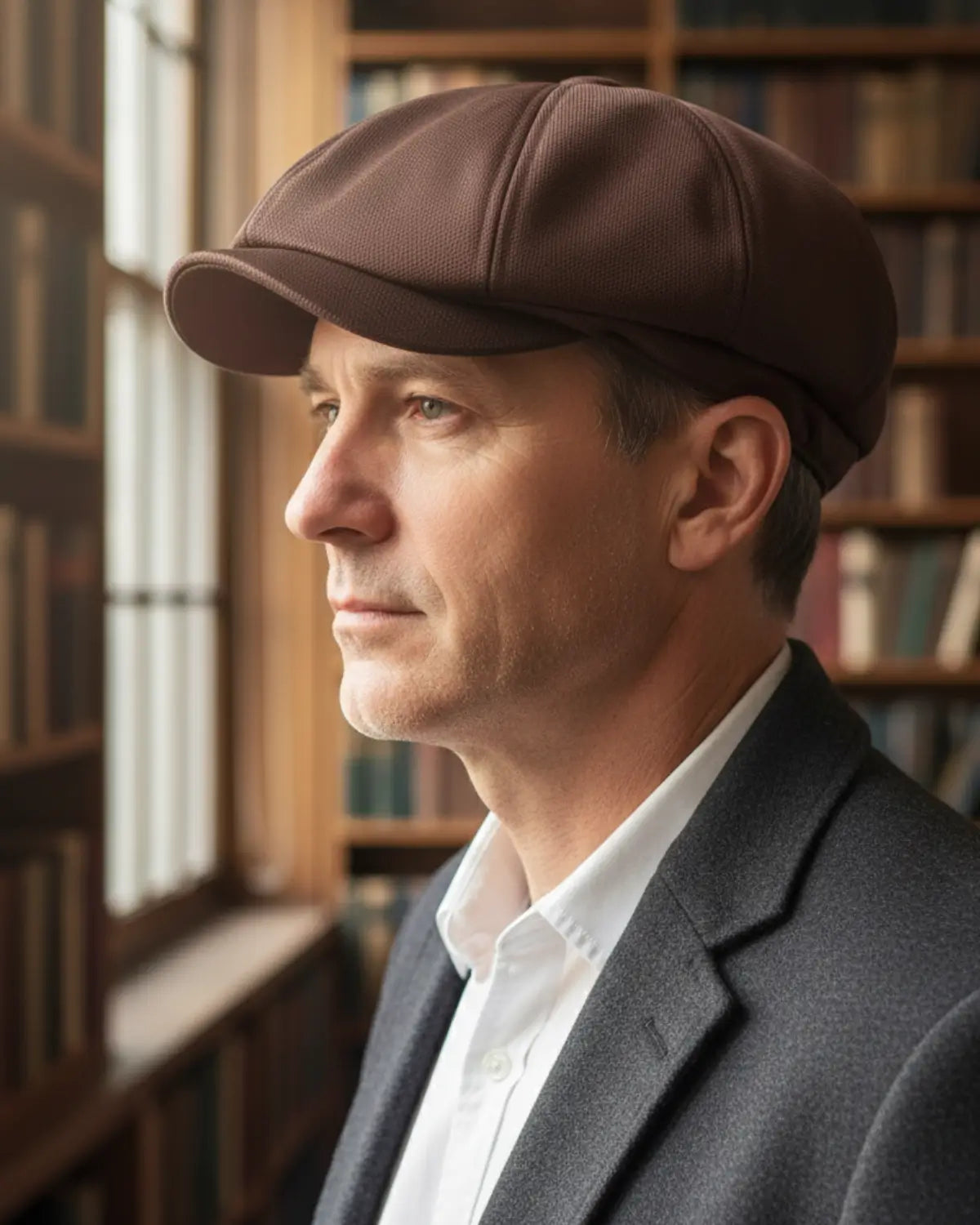Homem com boina italiana marrom de poliéster, camisa branca, blazer escuro, perfil sofisticado e clássico em ambiente com estante de livros