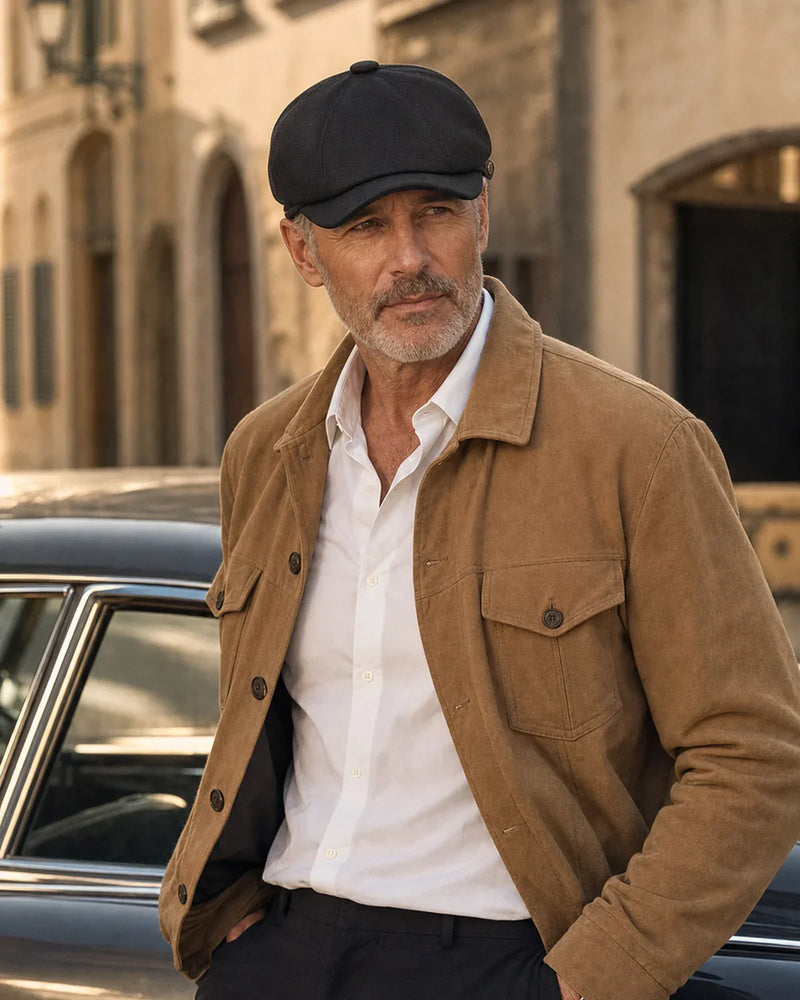 Boina Italiana Masculina Poliéster Preta – Moderna, Clássica & Versátil Cappel em look masculino com carro clássico