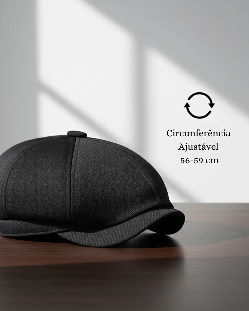 Boina italiana preta sobre mesa de madeira escura, destaque gráfico para circunferência ajustável 56-59 cm, acessório clássico masculino premium