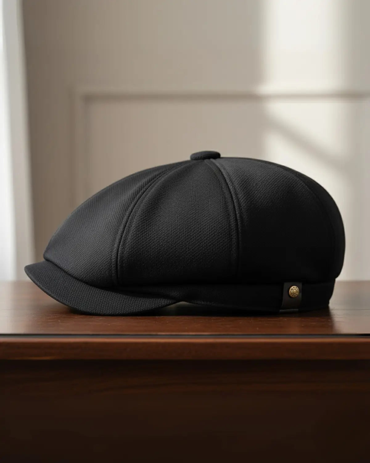 Boina italiana masculina preta, modelo newsboy cap, em poliéster premium sobre mesa de madeira escura, acessório versátil atemporal