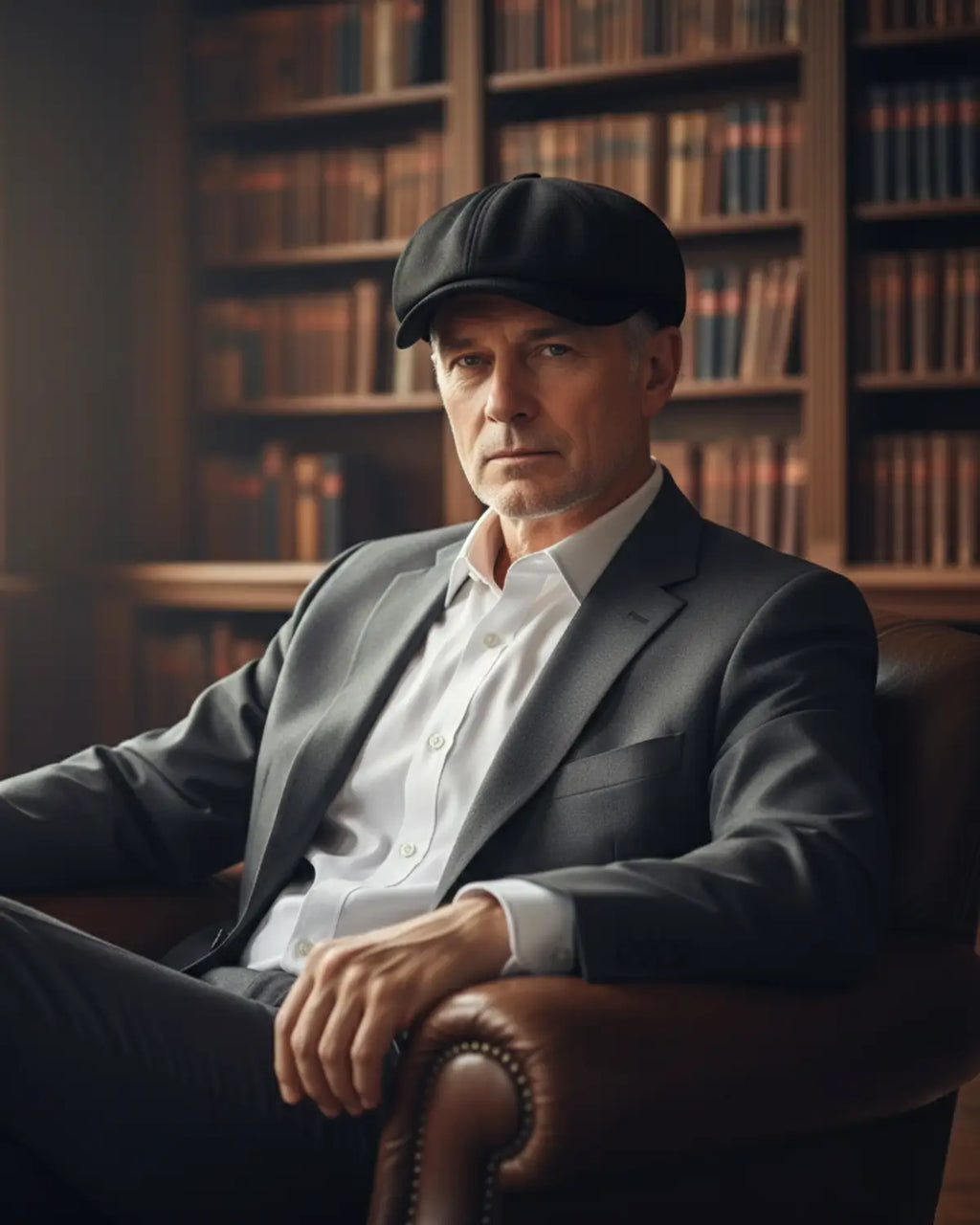 Homem maduro vestindo boina italiana preta de poliéster, blazer escuro, sentado em poltrona de biblioteca clássica, estilo sofisticado masculino