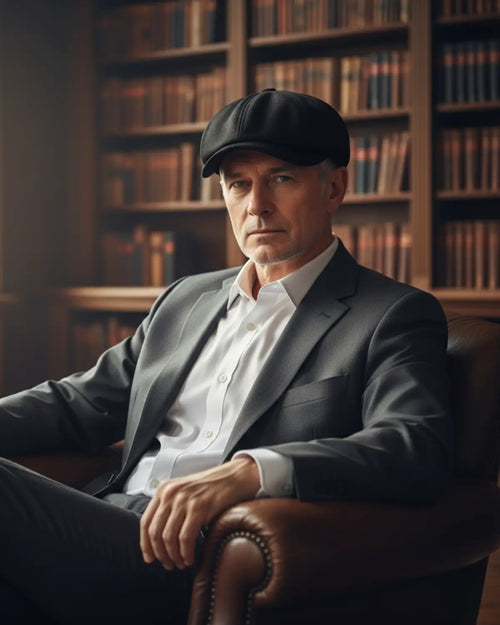 Homem maduro vestindo boina italiana preta de poliéster, blazer escuro, sentado em poltrona de biblioteca clássica, estilo sofisticado masculino