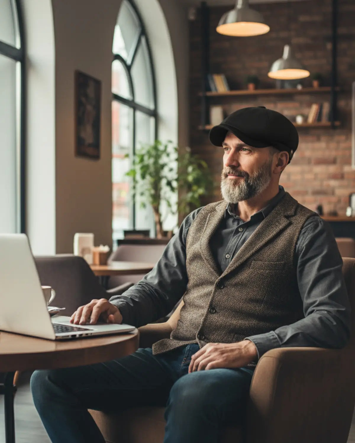 Homem com boina italiana preta de poliéster, colete casual, sentado em cafeteria moderna com notebook, ambiente urbano elegante