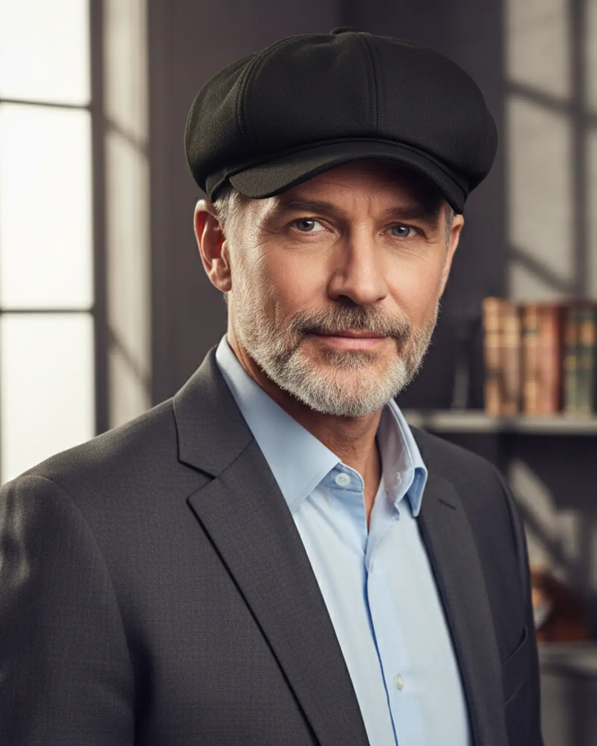 Retrato frontal de homem maduro de boina italiana preta de poliéster, blazer escuro, ambiente executivo, estilo clássico e urbano premium