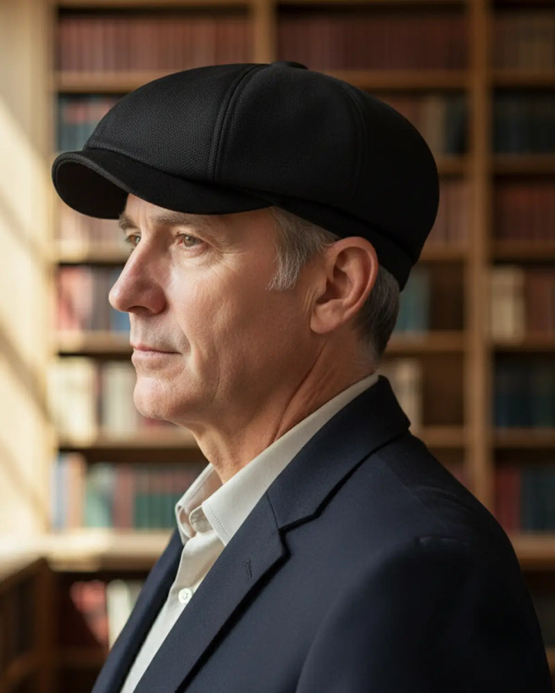 Vista lateral de homem com boina italiana preta de poliéster, blazer azul marinho, perfil elegante em ambiente de biblioteca sofisticada