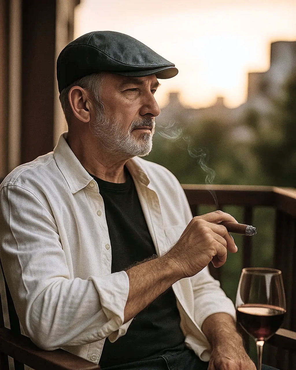 Homem com boina preta de couro apreciando vinho e charuto ao entardecer, estilo refinado