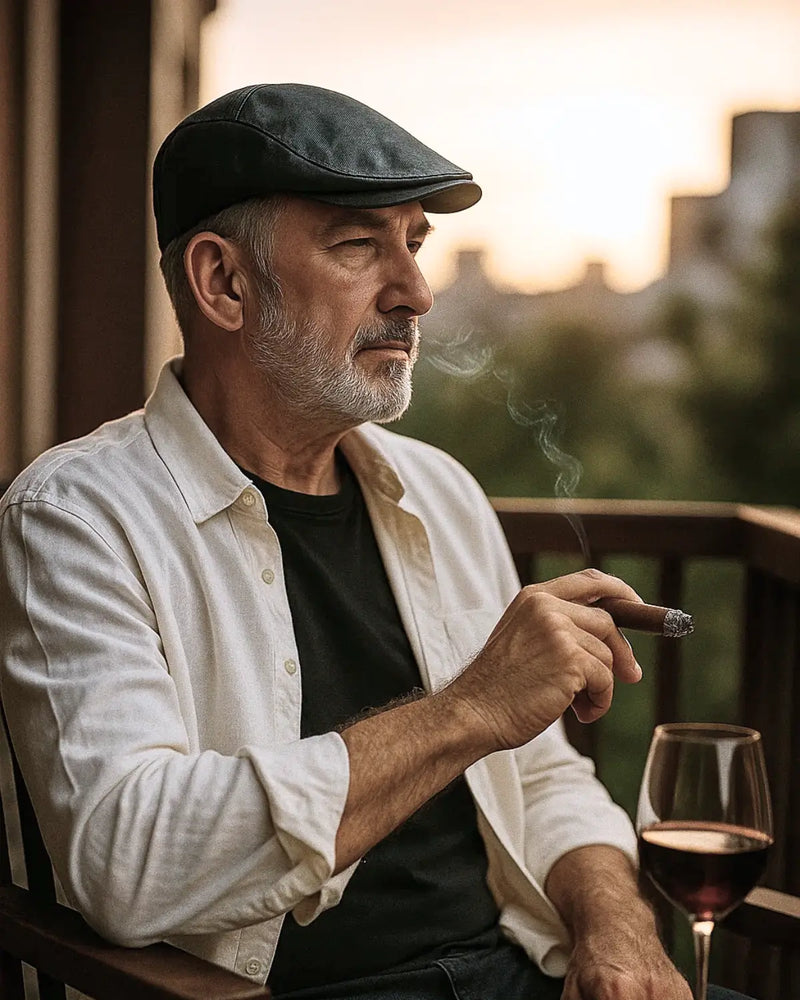 Homem com boina preta de couro apreciando vinho e charuto ao entardecer, estilo refinado