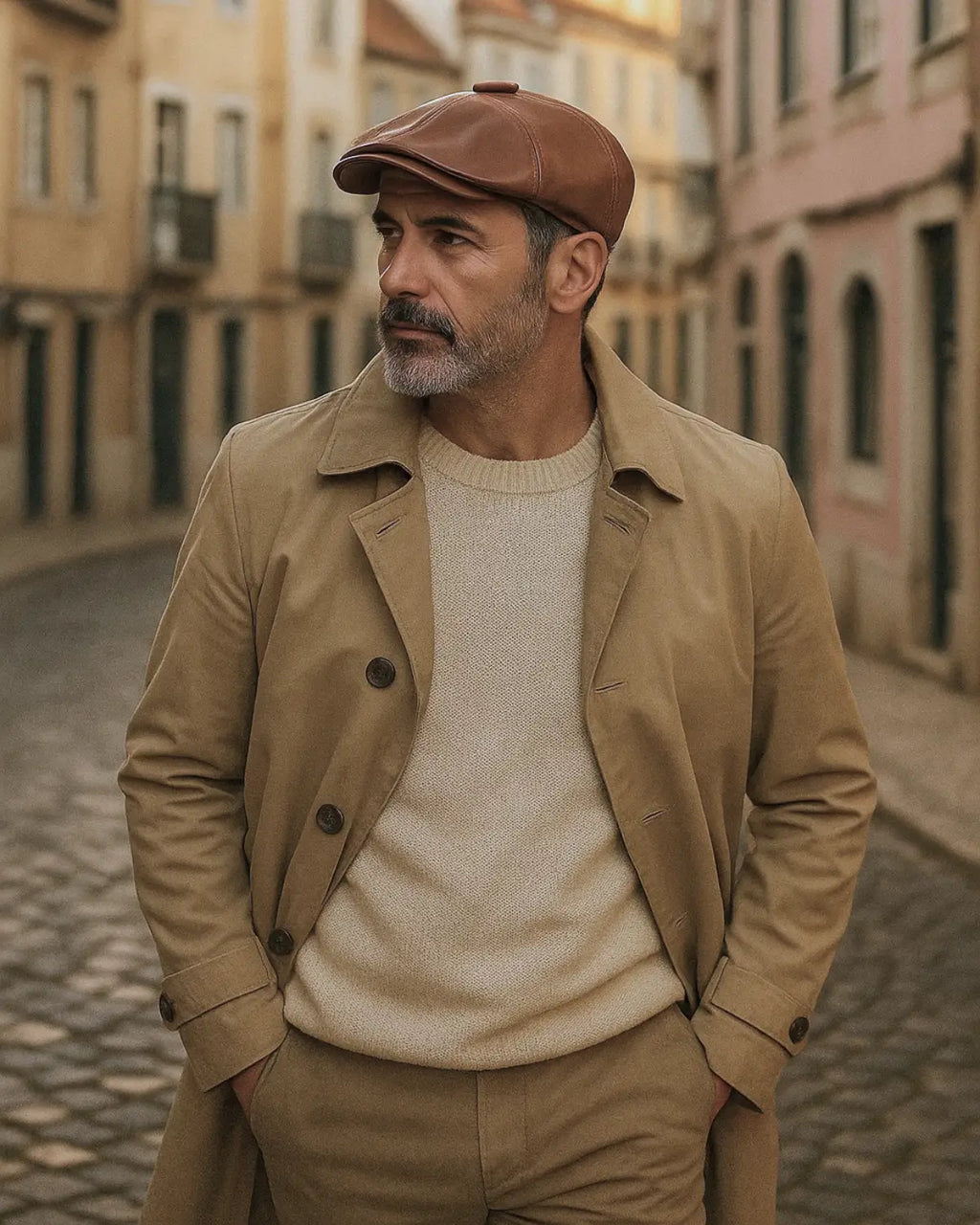 Homem maduro com boina italiana marrom e trench coat bege caminhando por rua europeia antiga com estilo sofisticado