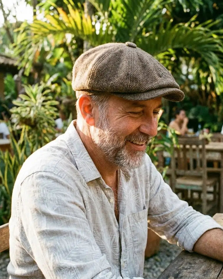 Retrato de homem usando boina estilo italiano (Gavroche) com construção clássica de 8 gomos e botão central. Modelo na cor cinza, destacando a elegância e o volume característico das boinas tradicionais europeias.