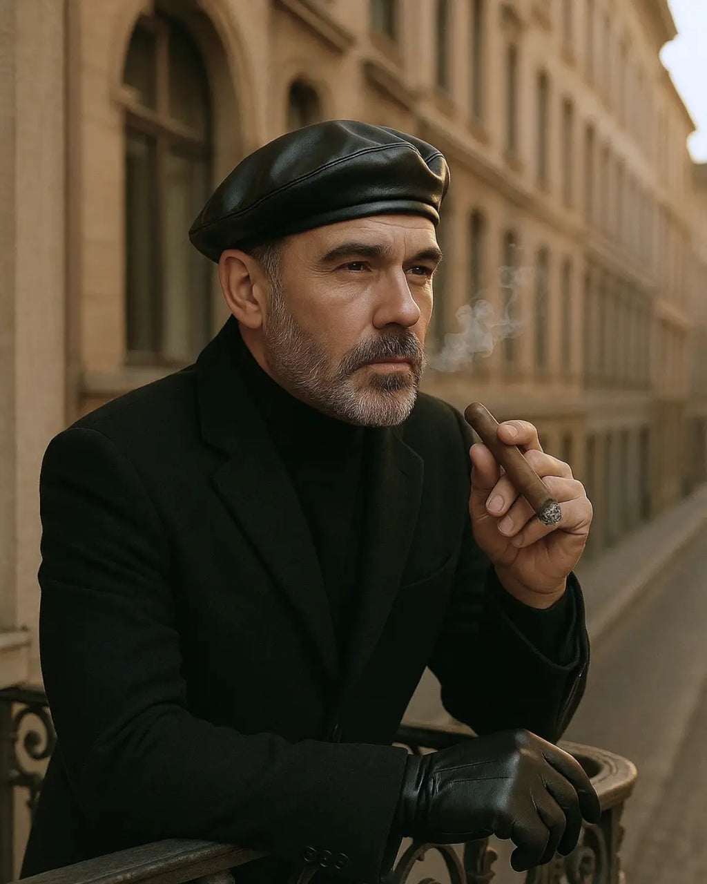 Homem elegante usando boina masculina francesa em couro preto e luvas, fumando charuto em sacada clássica