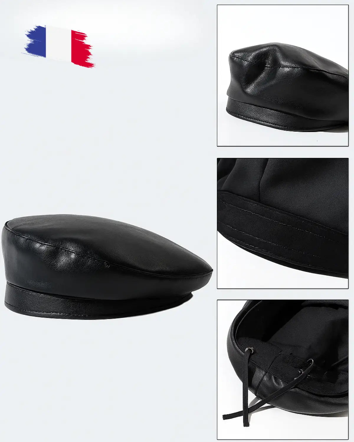 Detalhes da boina masculina francesa em couro preto, costura reforçada e ajuste interno