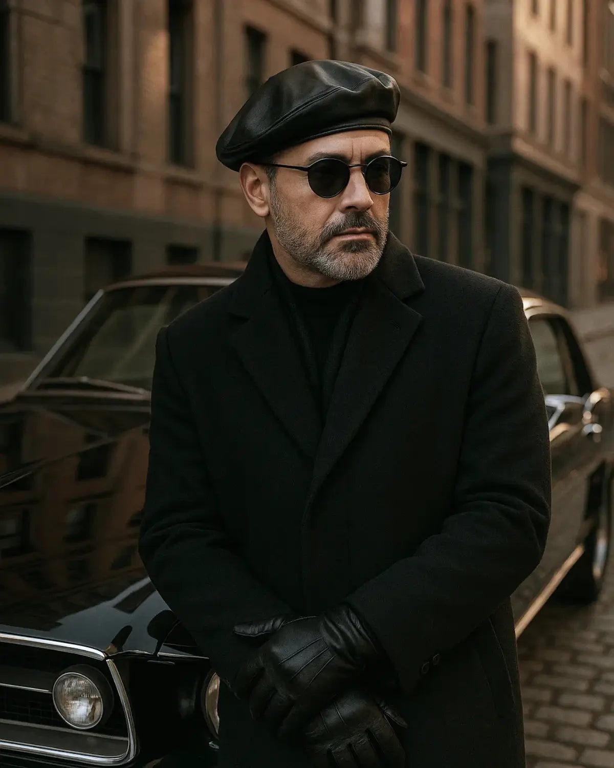 Homem usando boina masculina francesa em couro preto, óculos escuros e casaco, em cenário urbano com carro antigo