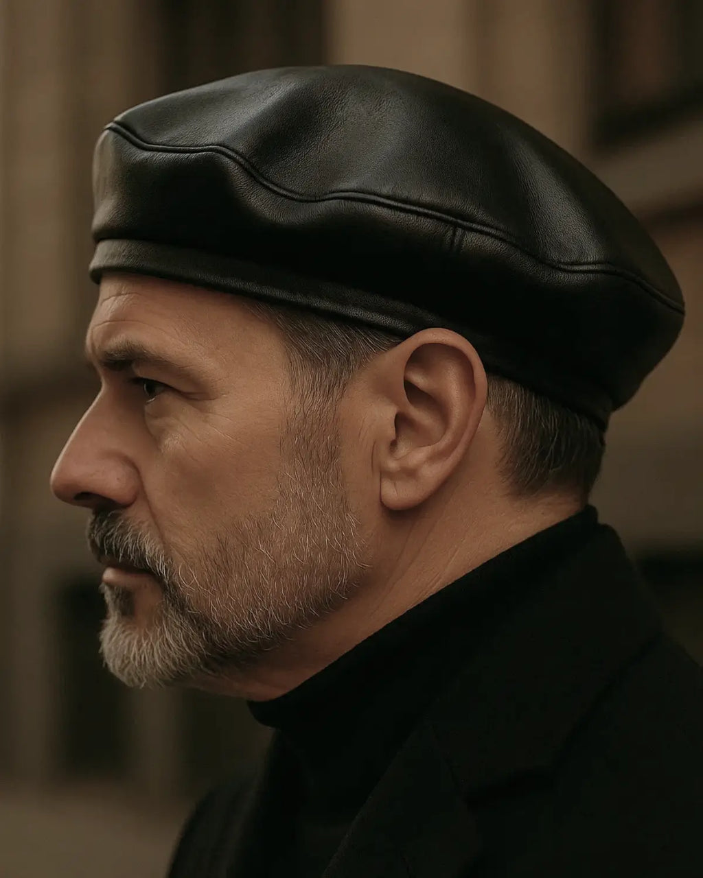 Vista lateral de homem com boina masculina francesa em couro preto, casaco escuro e estilo refinado