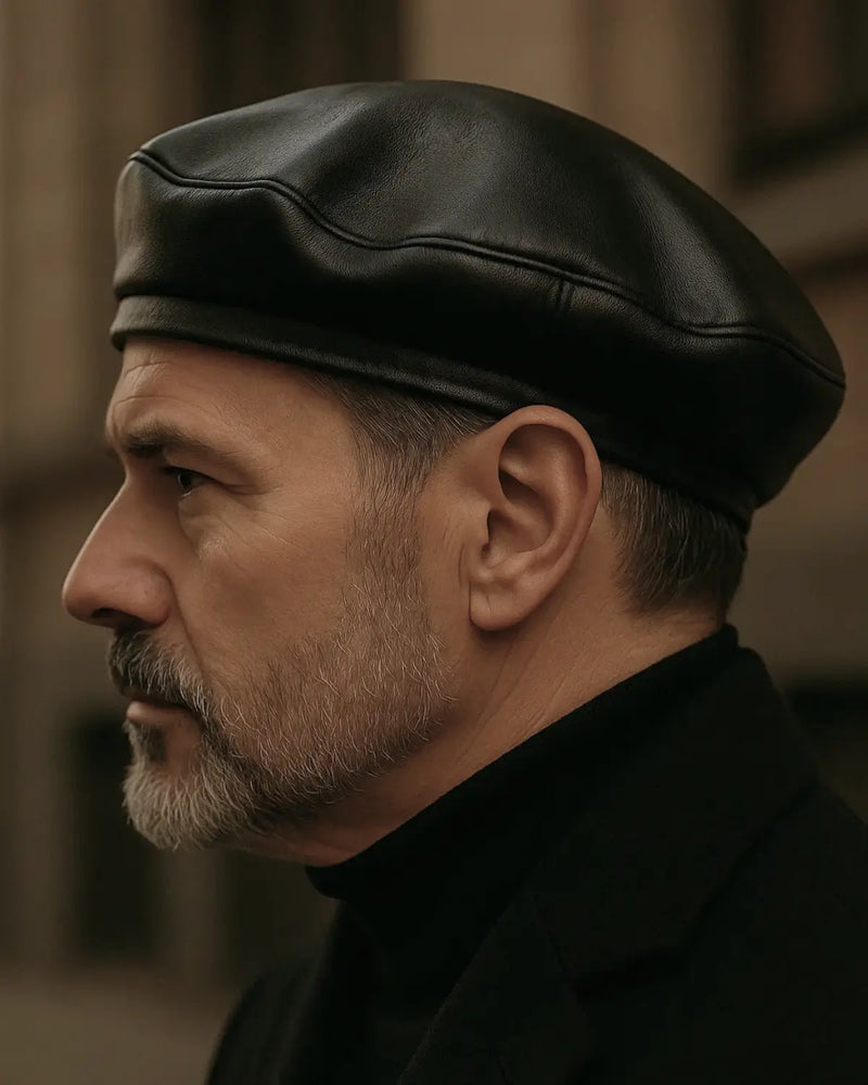Vista lateral de homem com boina masculina francesa em couro preto, casaco escuro e estilo refinado