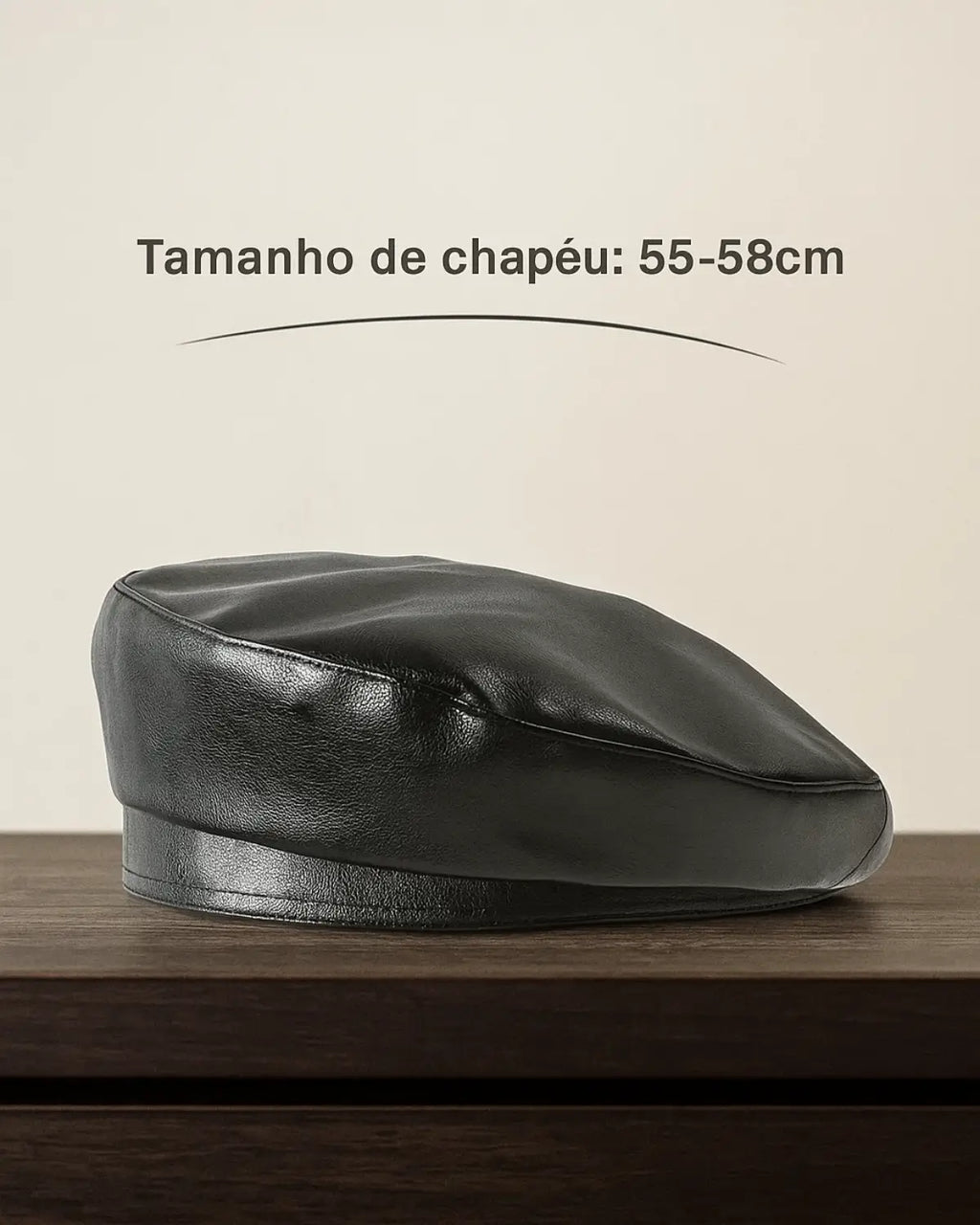 Boina masculina francesa em couro preto sobre mesa de madeira, com indicação de tamanho 55-58 cm