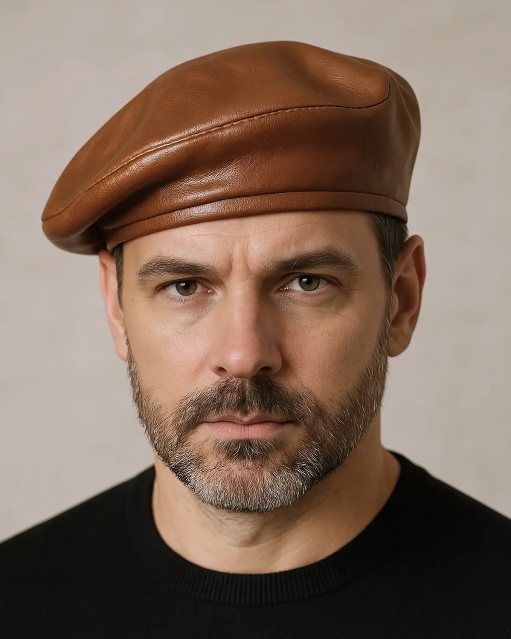 Close frontal de homem com boina masculina francesa em couro marrom, expressão séria e sofisticada