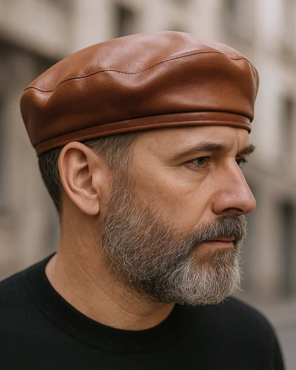 Close lateral de homem maduro com boina masculina francesa em couro marrom, barba grisalha, estilo refinado