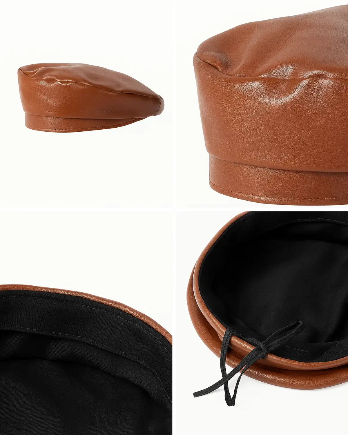 Detalhes da boina masculina francesa em couro marrom, costuras, acabamento interno e ajuste com cordão