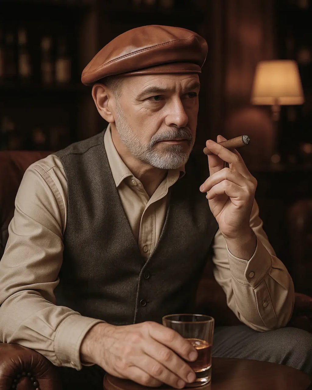 Homem maduro usando boina masculina francesa em couro marrom, segurando charuto e copo de whisky, ambiente elegante