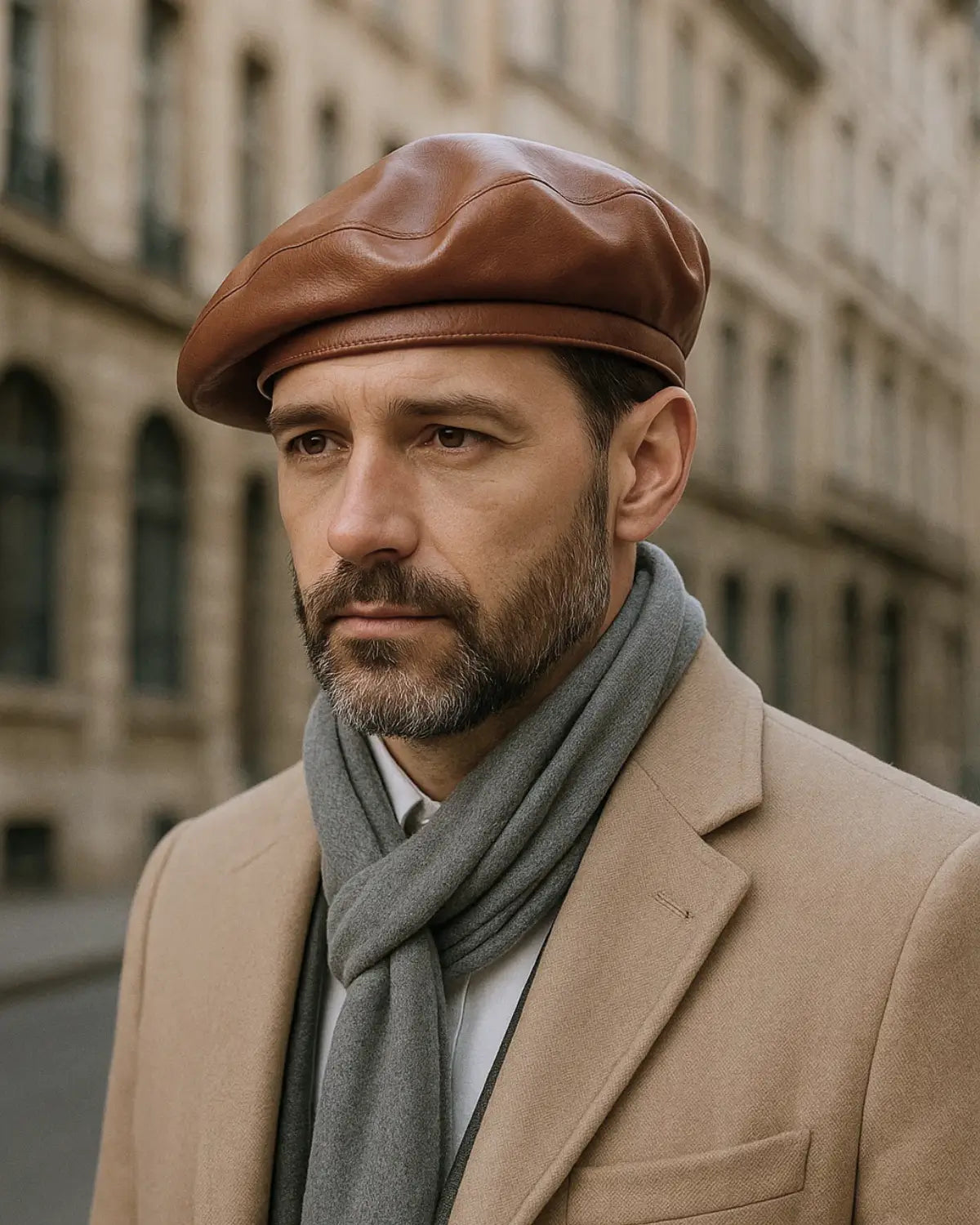 Homem elegante com boina masculina francesa em couro marrom, cachecol cinza e casaco bege em rua de arquitetura europeia