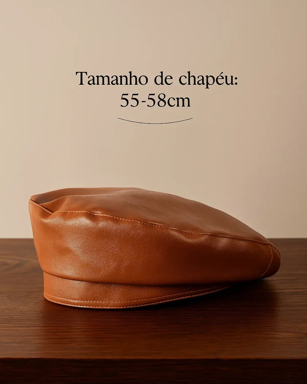 Boina masculina francesa em couro marrom sobre mesa de madeira, tamanho 55-58 cm indicado