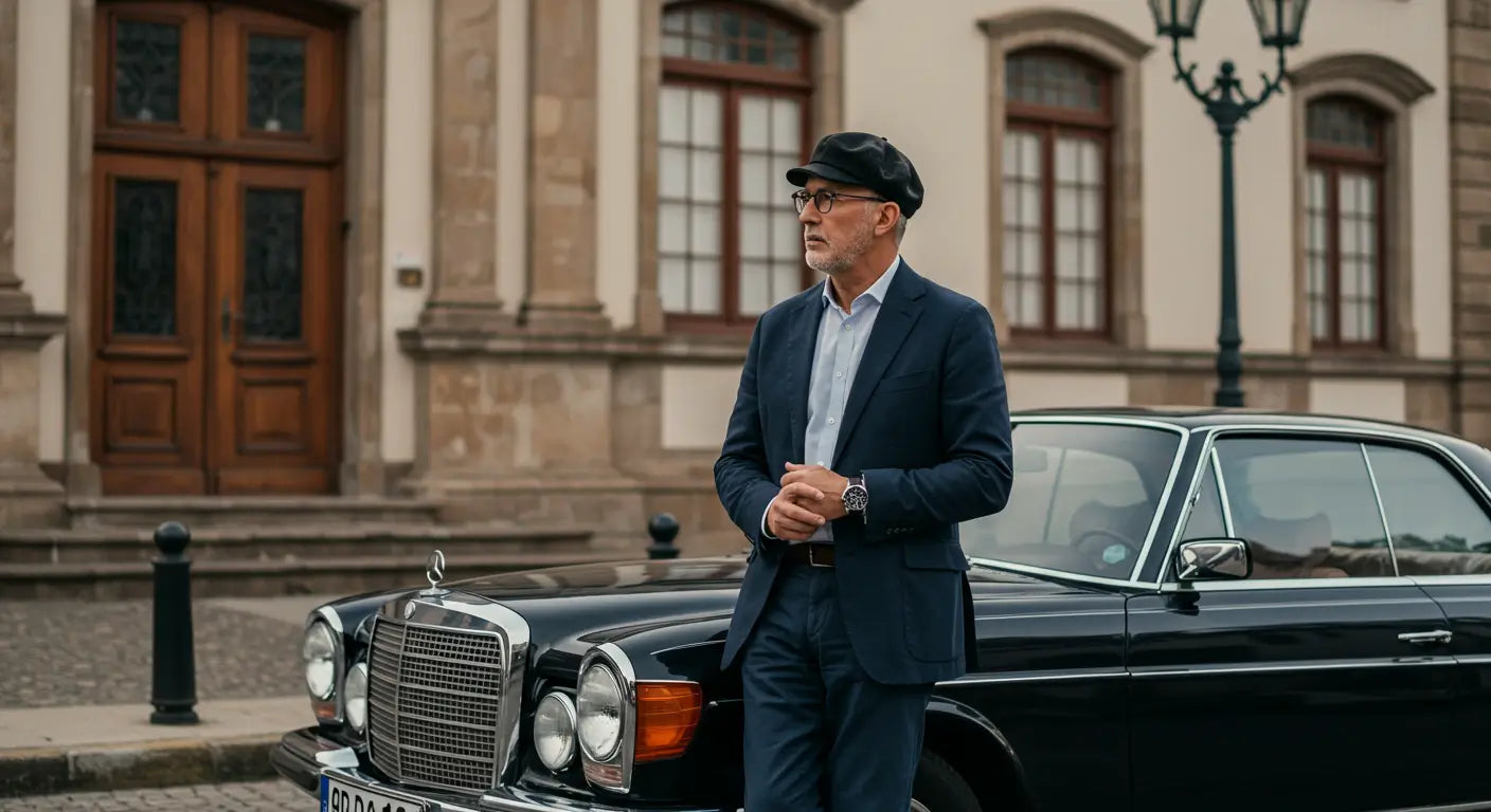 Homem maduro elegante usando boina masculina francesa de couro preta em frente a carro clássico Mercedes-Benz, vestindo terno azul e relógio sofisticado, estilo clássico atemporal