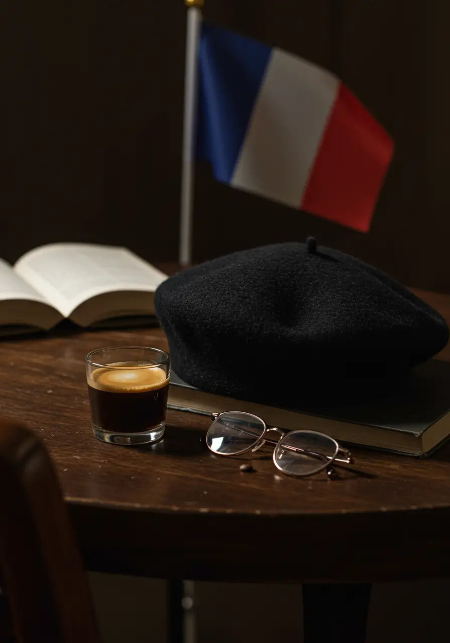 Boina masculina francesa preta em close-up sobre mesa de madeira, com bandeira da França ao fundo.