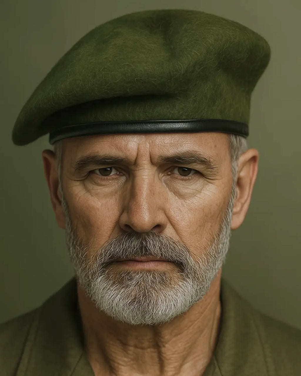 Close no rosto de homem com Boina Masculina Francesa de Lã Ajustável Military Green, expressão séria e confiante

