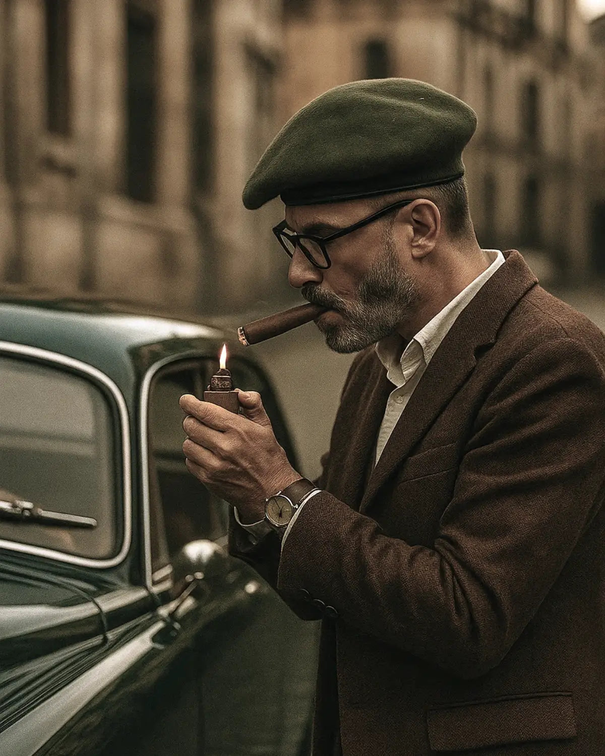 Homem com Boina Masculina Francesa de Lã Ajustável Military Green acendendo charuto ao lado de carro clássico, look elegante

